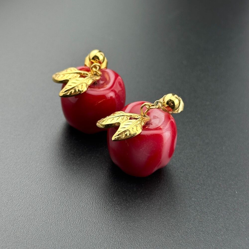 Vintage Avon Gold Tone & Red Light Pink Swirl Lucite Apple Dangle Earrings 1 in